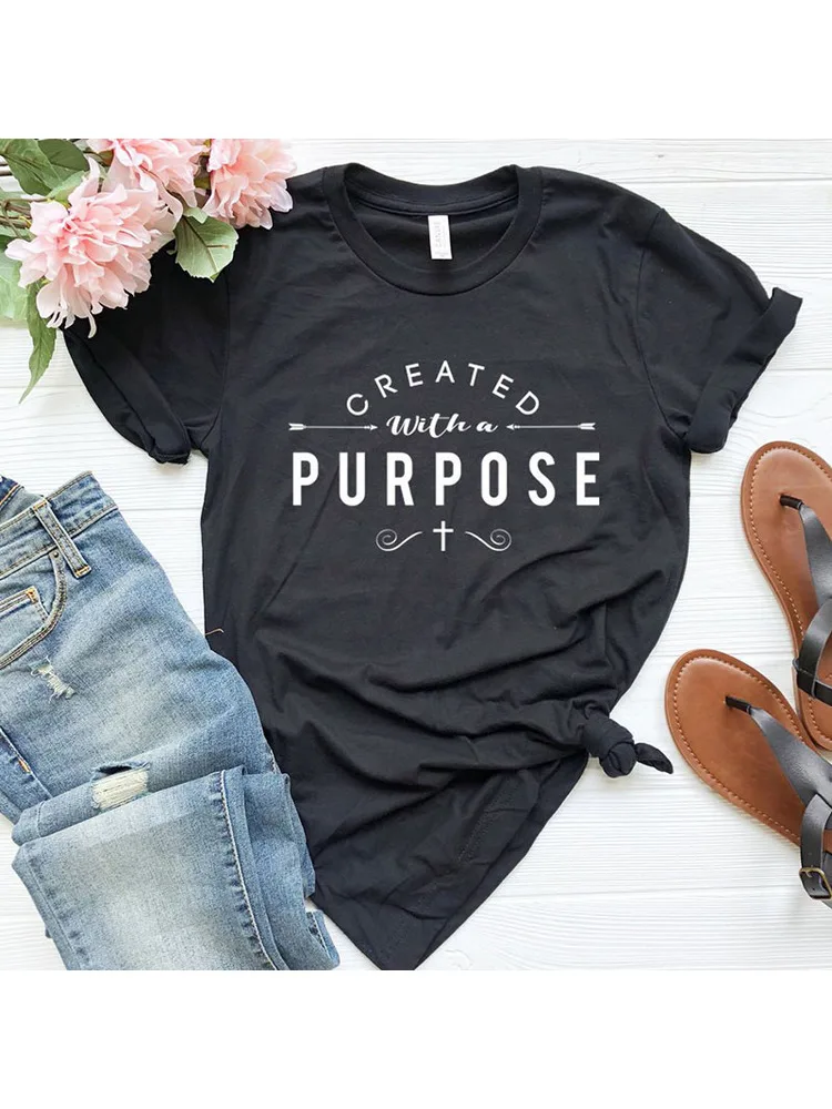 Created with A Purpose Cross T Shirts Casual Women Christian Faith Tee Shirt Femme Tumblr Grunge Short Sleeve Top Drop Shipping