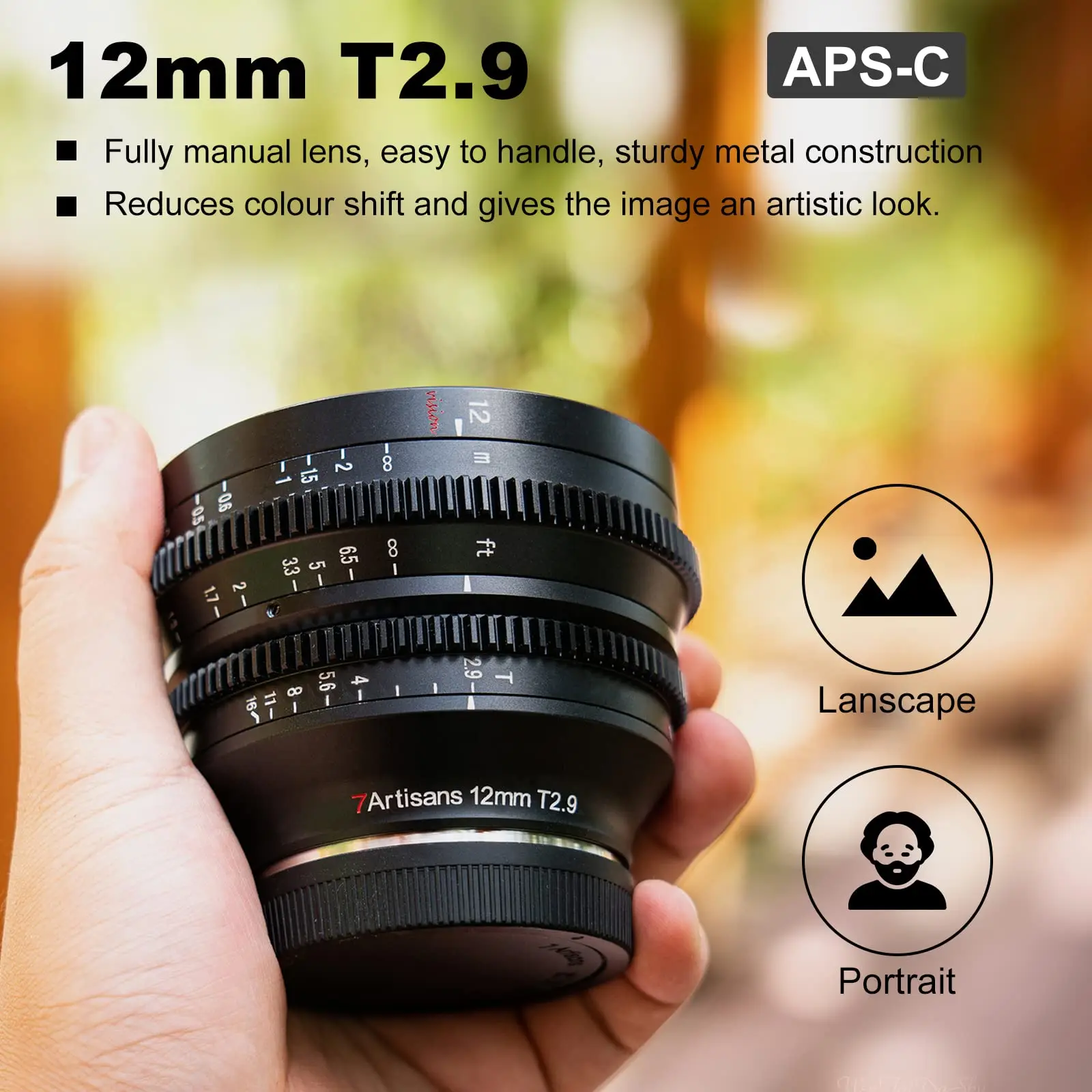 7artisans 12mm T2.9 APS-C MF Cine Lens Ultra Wide Angle Manual Focus Lens for Sony E Fuji X M43 Canon EOS-RF Nikon Z L-Mount
