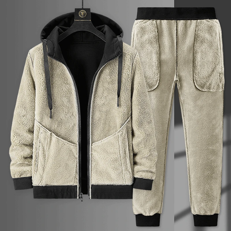 Men's Sets Jacket + pant Warm Fur Winter Sweatshirt Cashmere