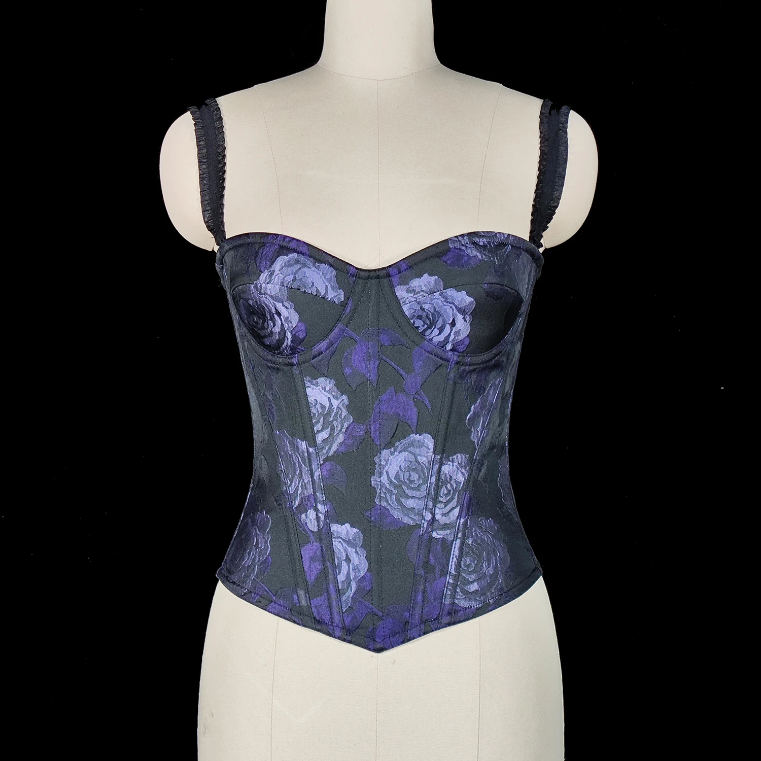 

763 Embroidery Purple Rose Zipper Corset Top Crop