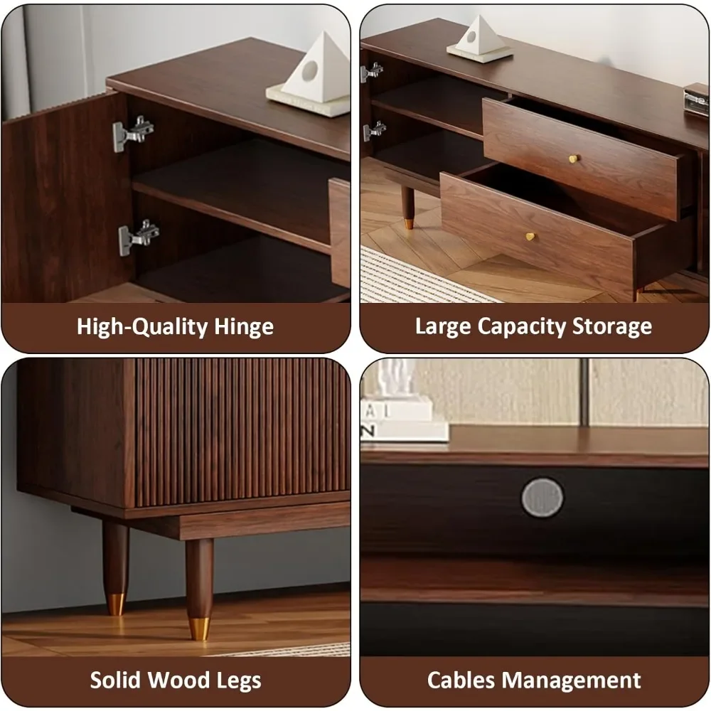 "حامل تلفزيون منتصف القرن لتلفزيونات 75 بوصة - وحدة تحكم من خشب الجوز مقاس 70.9 بوصة مع خزائن ودرجين للغرف المتعددة"