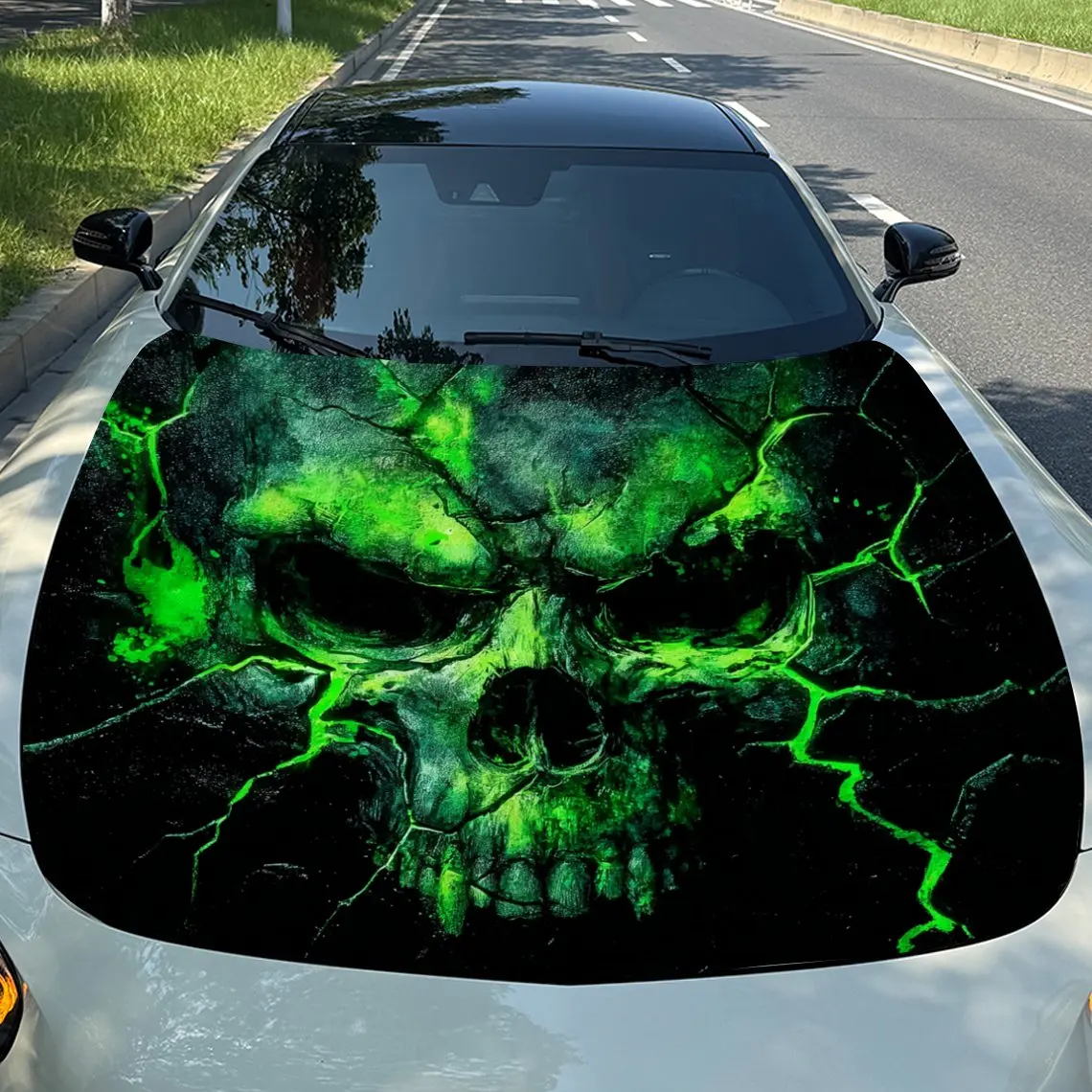 

Fluorescent Cracked Skull Car Vinyl Wrap, PVC Material Waterproof Car Hood Sticker, Self-Adhesive Scratch-Resistant Stickers for