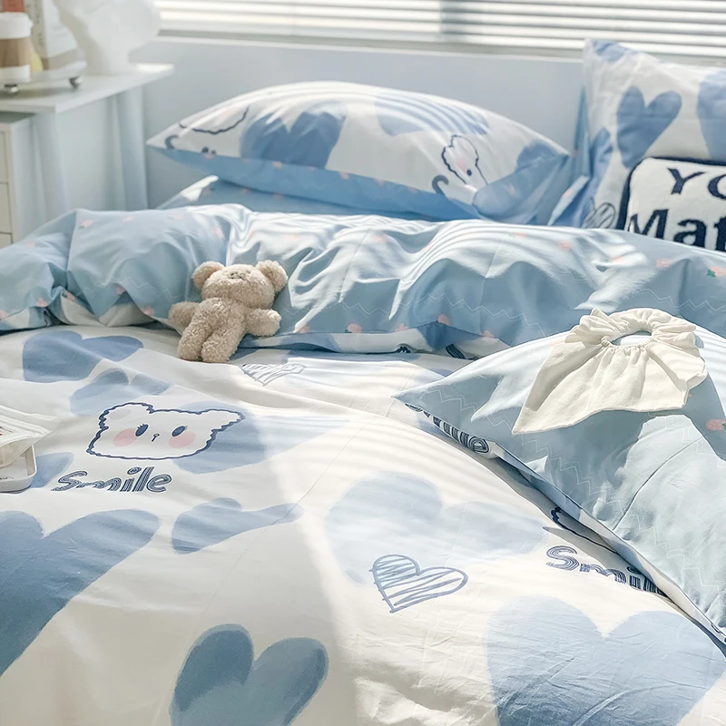 Cute Bear Pure Cotton Bedding Set Four-Piece Student Dormi Bed eet Bed Skirt Lovely Cartoon Japanese Sle Cotton Duvet...