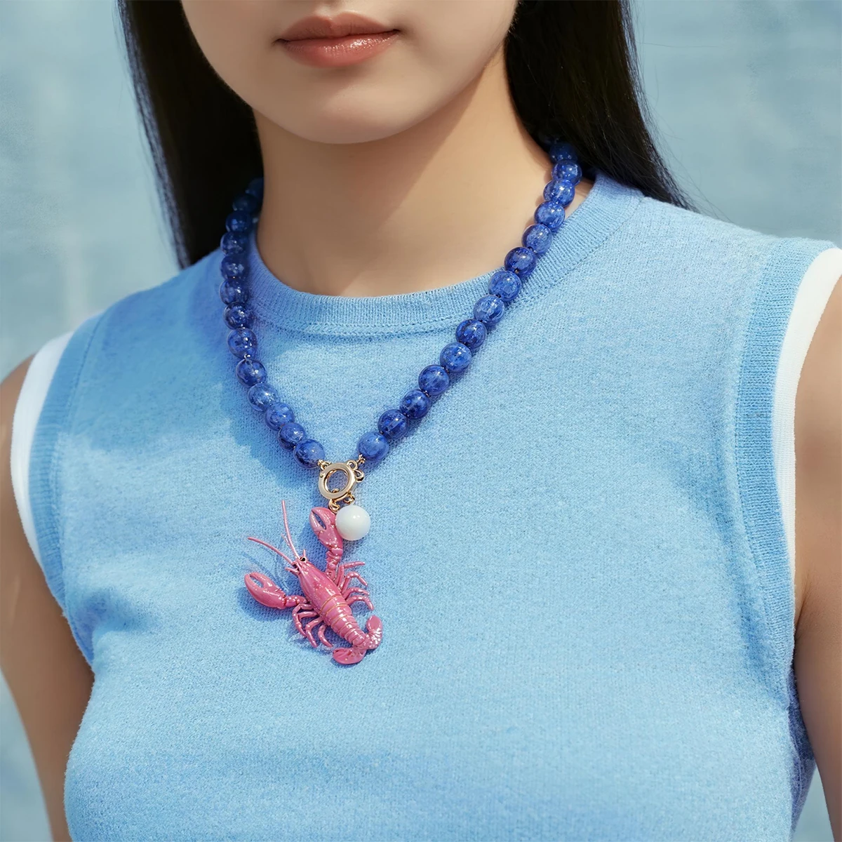 Vintage Beaded Lobster Pendant Necklace for Women