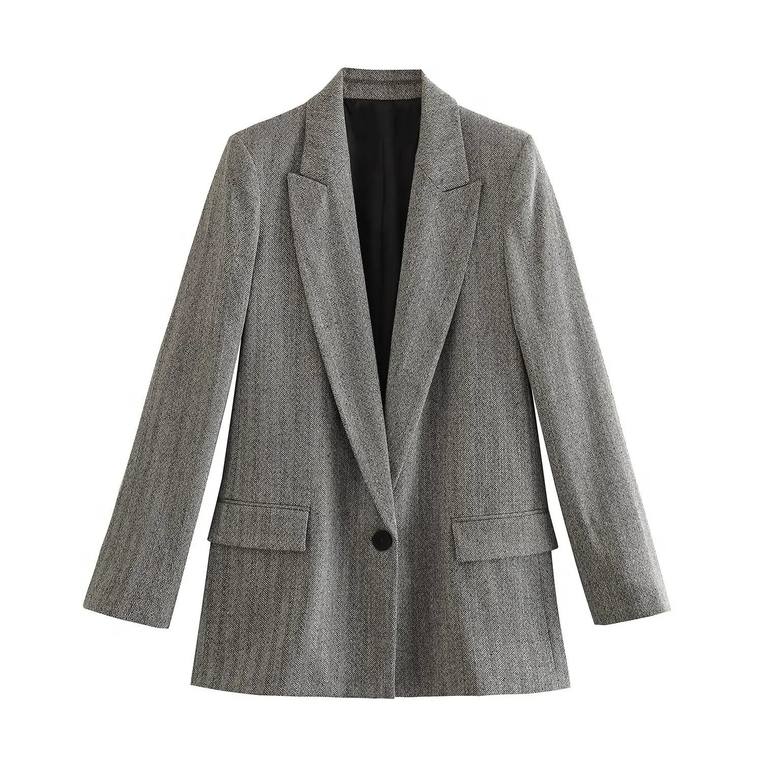 Tangada 2024 Autumn Winter Women Gray Thick Blazer Jacket Pocket Long Sleeve Female Coat PS081