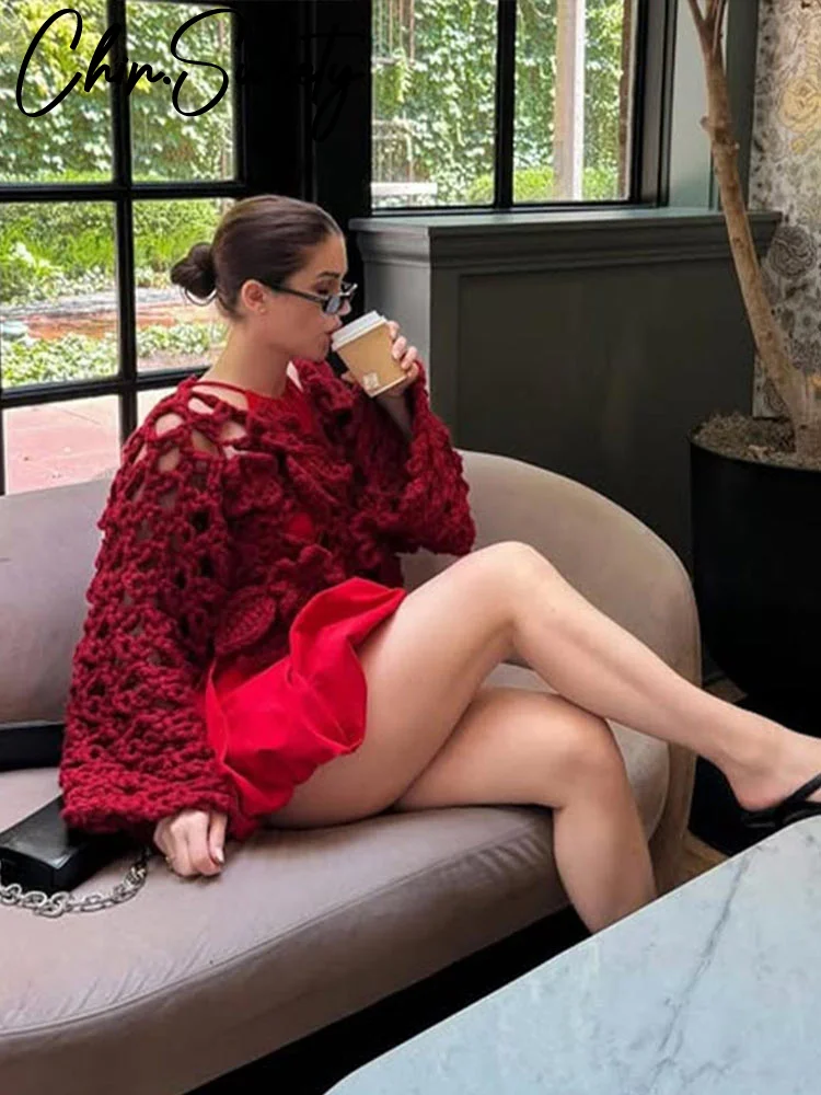 

Повседневный вязаный ажурный женский кардиган, шикарный однобортный женский свитер с рукавами-фонариками, модный уличный женский топ с v-образным вырезом 2025 г.