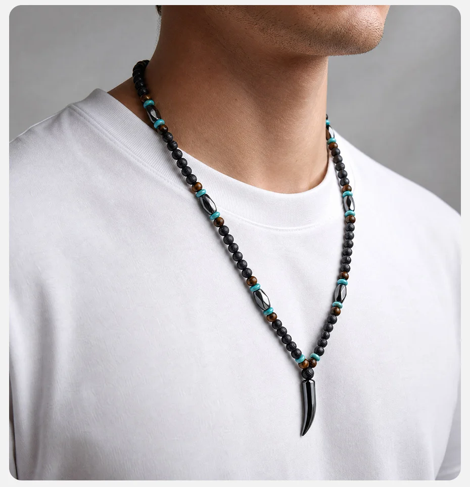 Vnox Herren Lavastein-Perlenkette, Hämatit-Wolfszahn-Anhänger, Tigerauge-Türkis-Perlen Tribal Männerschmuck für den Alltag, Geschenk – Detail 3