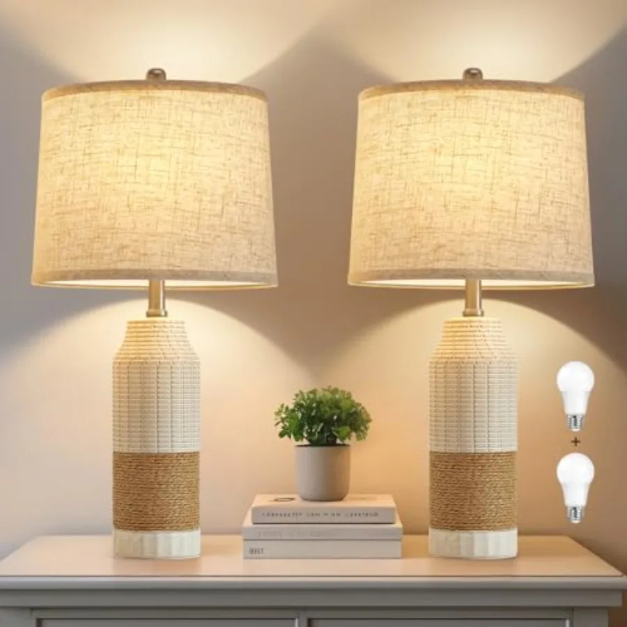 

Boho Rattan Table Lamps Set of 2, Bedside Table Lamps for Night Stands, Vintage Rattan Table Lamp Antique for Decoration, Bedro