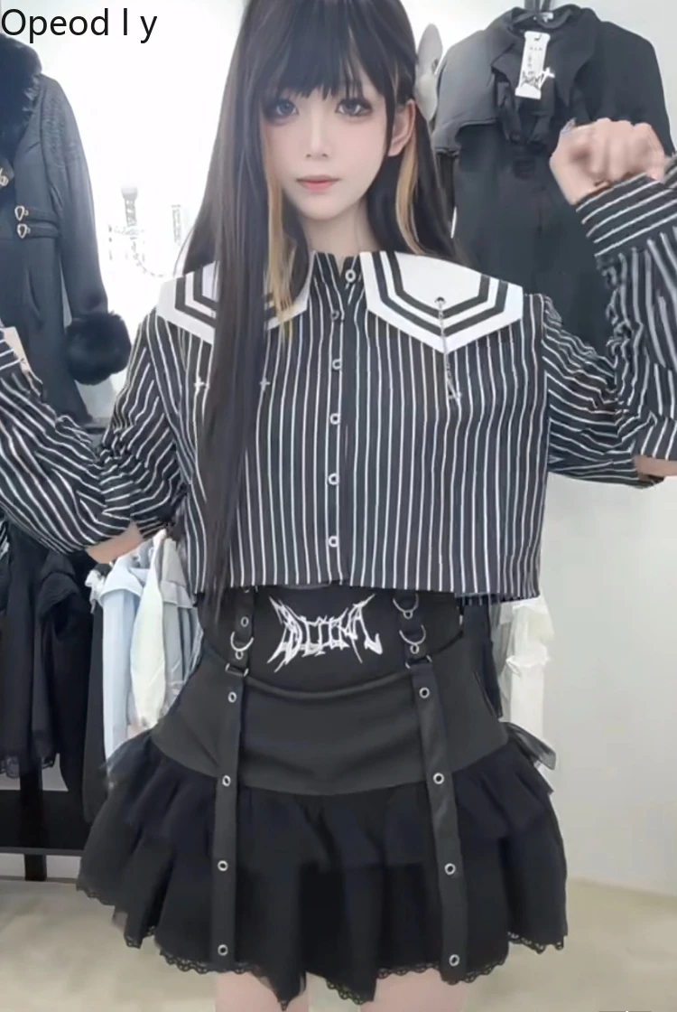 

Y2k Subculture Japanese Original High-waisted Embroidered Leather Buckle Skirt Sweet Cool Girl Lace Lolita A-line Cake Skirt