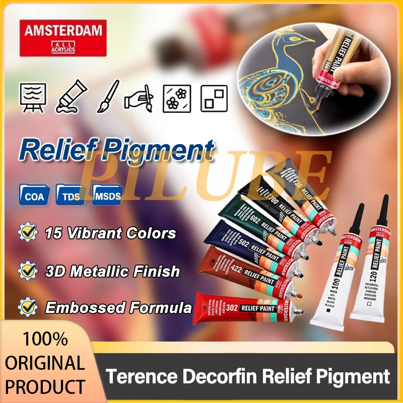 Terence Decorfin Relief Texture Pigment 3D Metallic Line Art Color Set DIY Embossed Isolation Formula 20ml 15 Colors Amsterdam