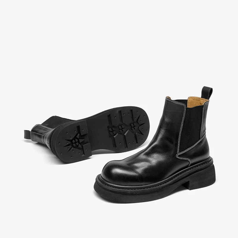 BEAUTODAY Chelsea Boots Women Genuine Cow Leather Solid Color Elastic Band Ankle Boots Slip-on Ladies Shoes Handmade 03B01