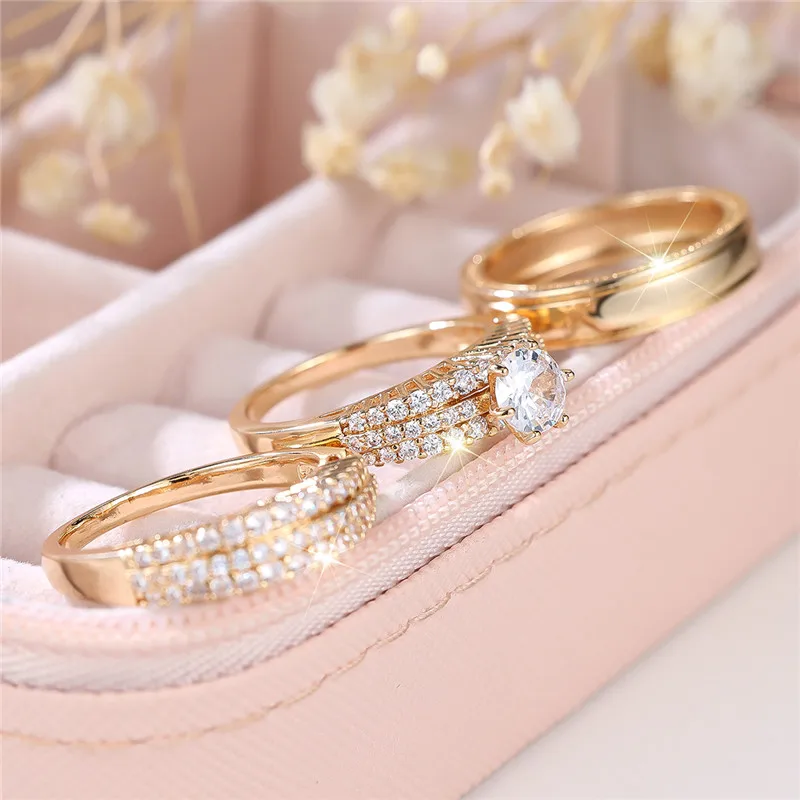 Female Luxury Crystal White Zircon Stone Engagement Ring Sets Cute Wedding Jewelry For Women
