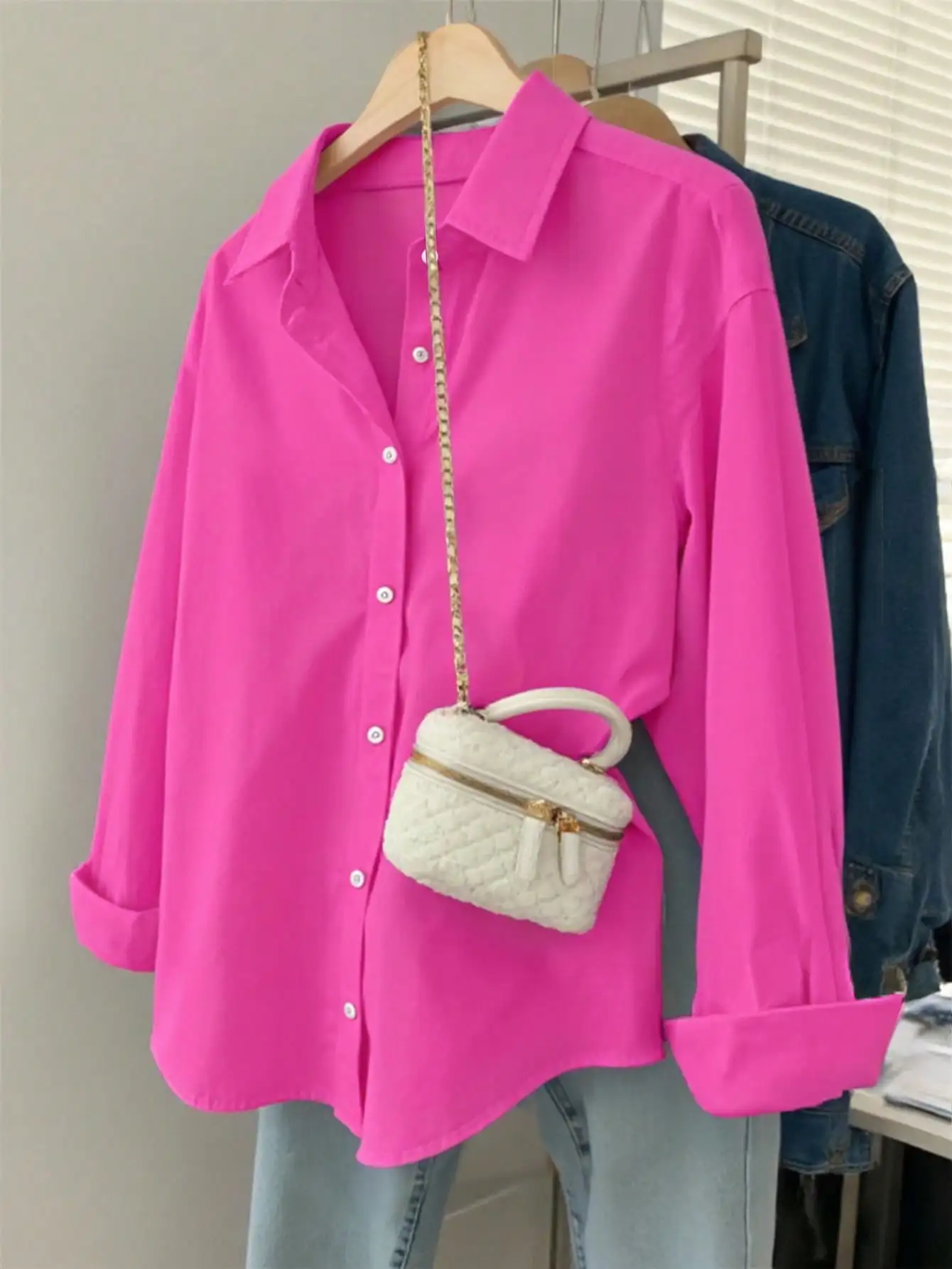 

Women's Casual Loose Fit Long Sleeve Shirt, Vibrant Pink Button Down Top for Daily Wear