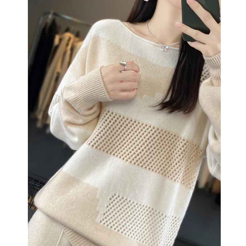 2023 Autumn/Winter New Colored Round Neck 100% Pure Cashmere Sweater Women's Hollow out Long Sleeve Sweater Loose Sweater Bottom