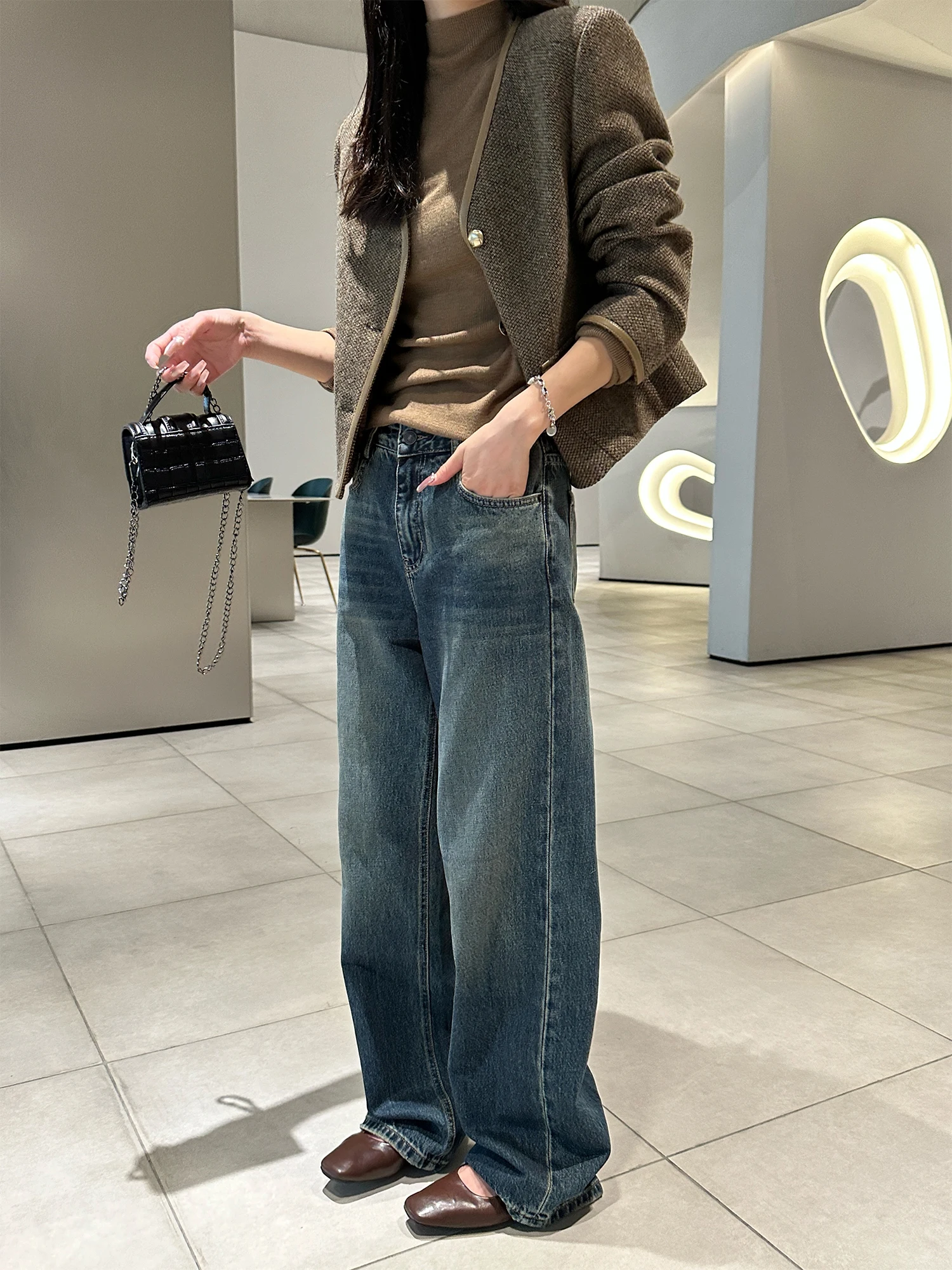 

Blue Denim Wide Leg Pants Women Loose Fit Slimming Casual Trousers Spring Autumn Vintage Sle Long Pants Trendy Small Stature