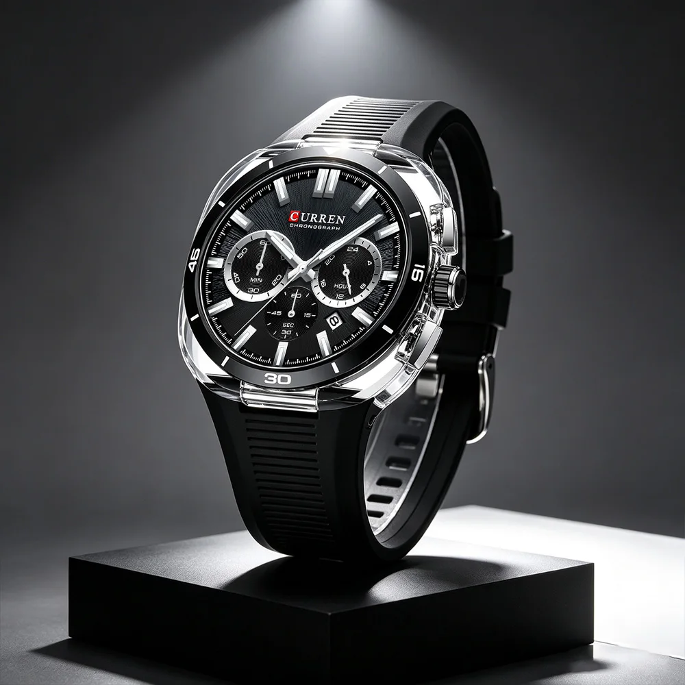 CURREN Herren Luxus-Sportuhr Chronograph Quarz-Armbanduhr mit Silikonarmband Leuchtende Zeiger Datumsanzeige Relógio Masculino