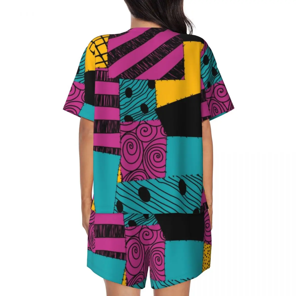 مخصص طباعة المرأة سالي دوول فستان منامة مجموعة قصيرة الأكمام تيم بيرتون هالوين الجمجمة 2 قطعة ملابس خاصة Pj صالة مجموعات #3