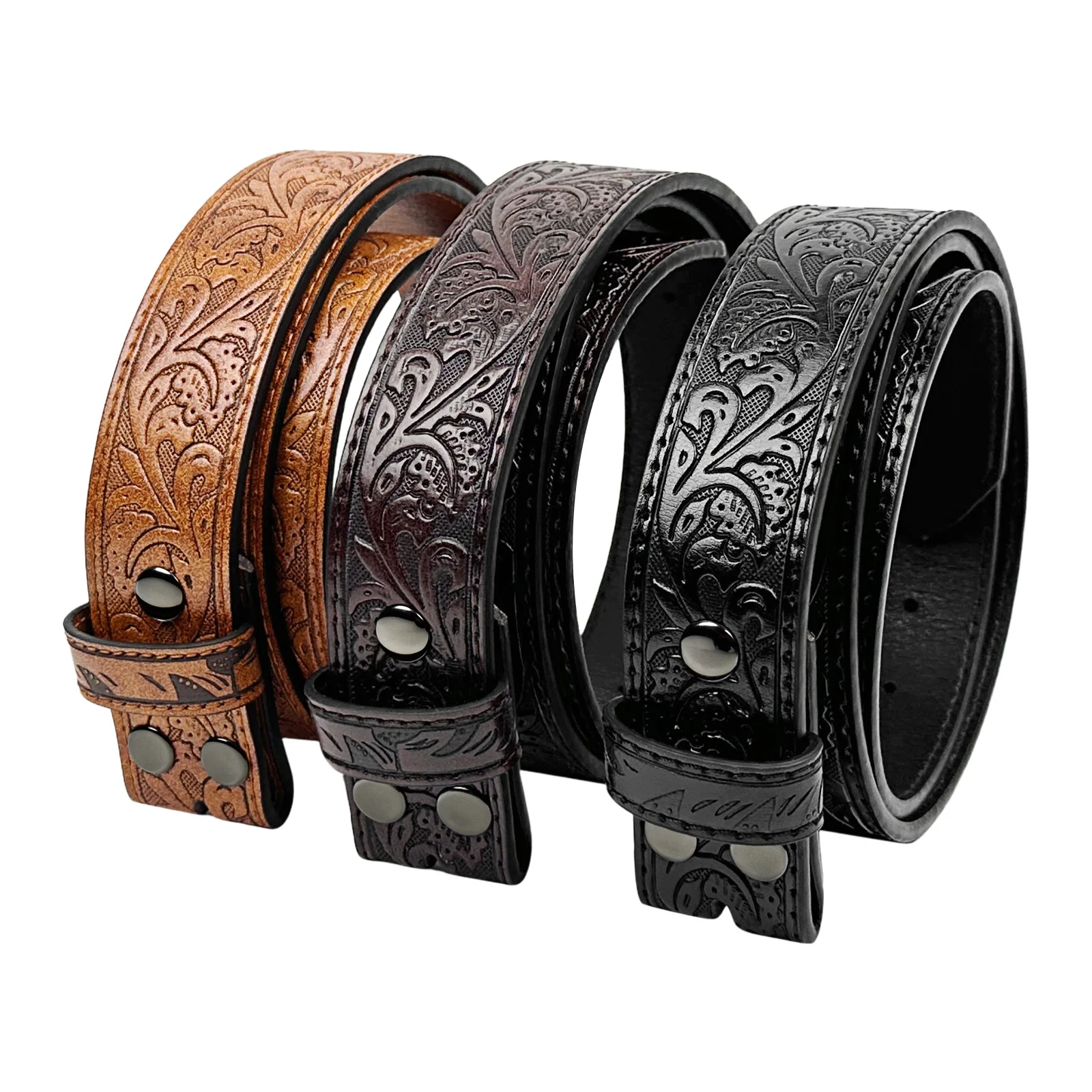 Western Vintage Embossed Leather Belt Strap No Buckle Men Women – Punk DIY Distressed Tooled Multi Color Replacement Belt