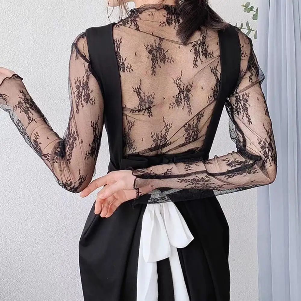 Summer Women Lace Floral Embroidery Blouses Shirt Ladies Top Sexy Mesh Blouses Transparent Elegant See-through White Black Shirt