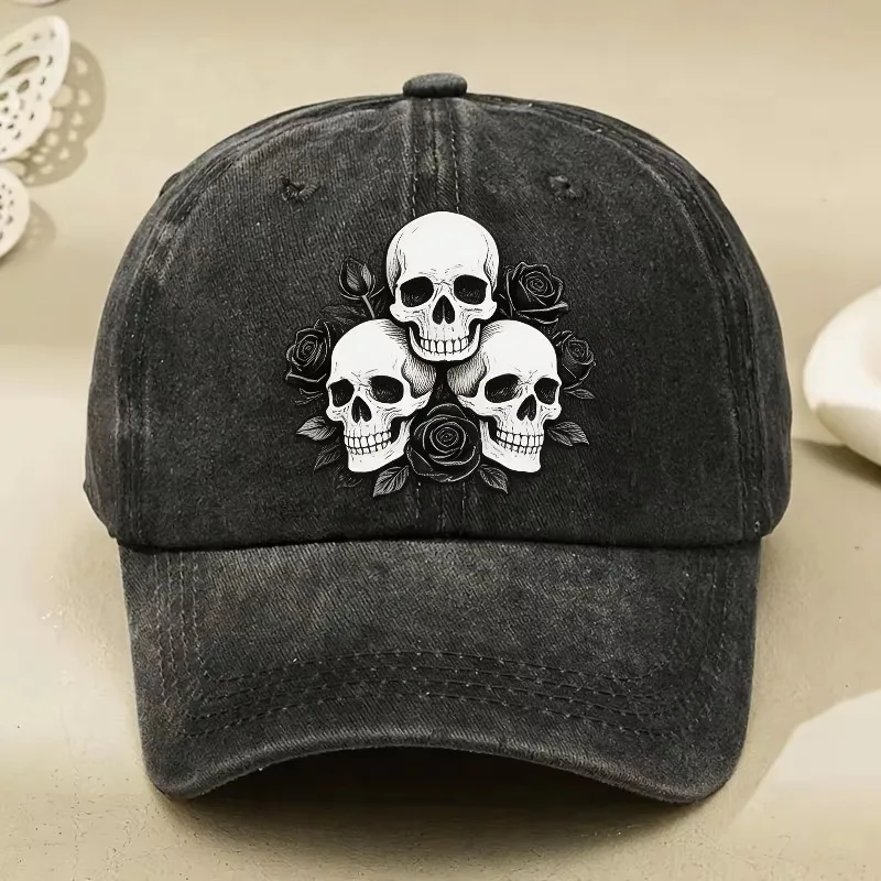 Distressed Washed Baseball Cap Skulls and Roses Print Adjustable Unisex Hat Gothic Retro Streetwear Halloween Outdoor Sun Hat