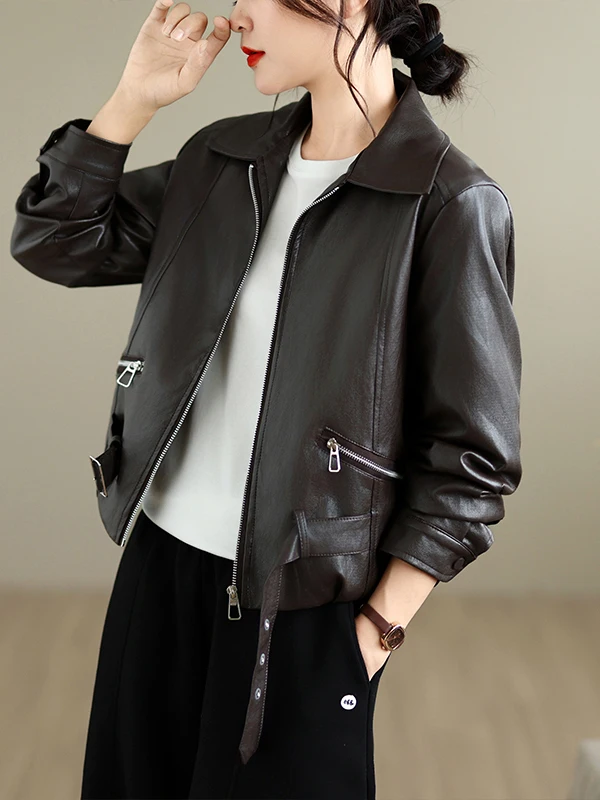 Retro Hong Kong Style Motorcycle Jacket Women's Loose Versatile Fashionable Short PU Leather Coat Spring Autumn Zipper Closure