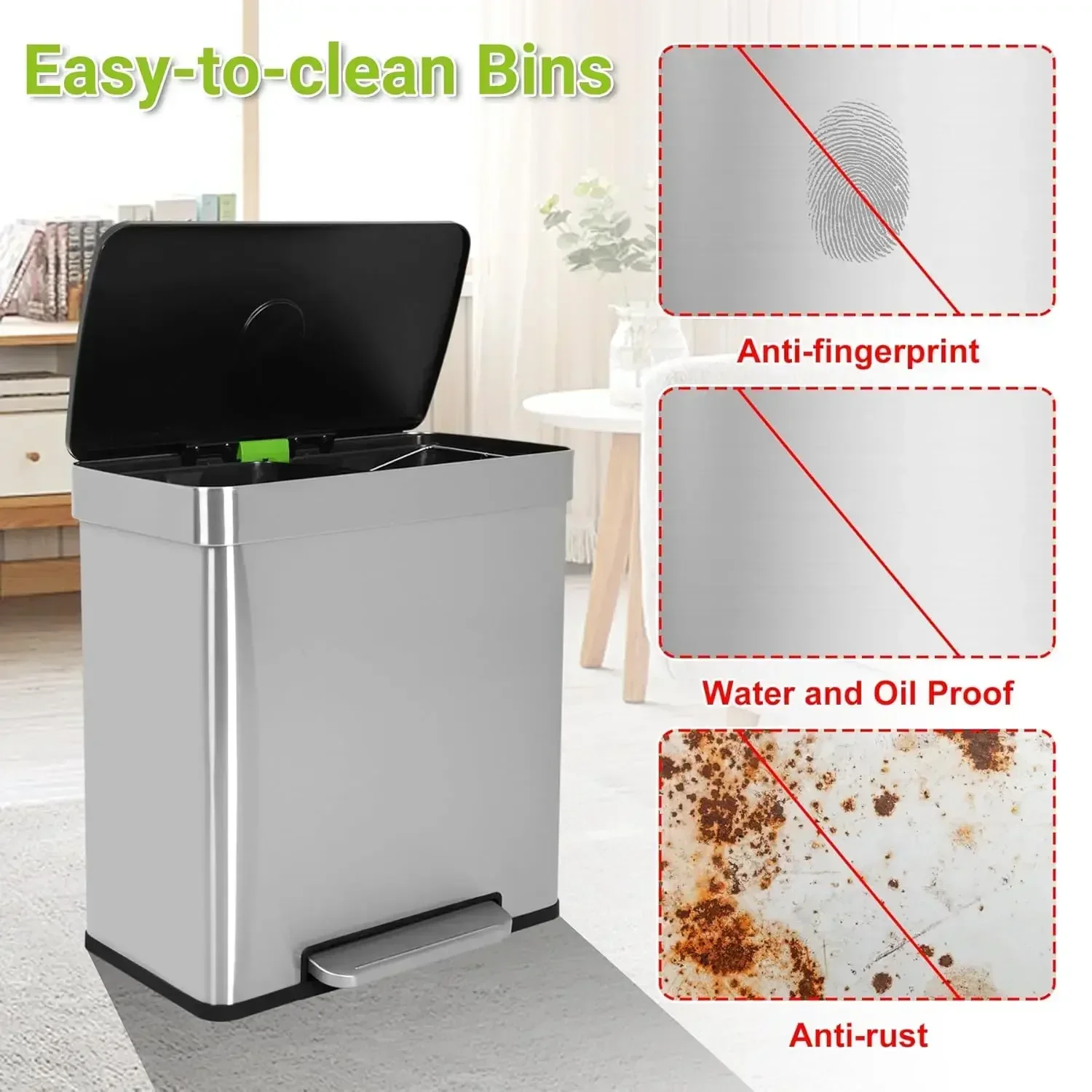

[New Arrival!]16 Gallon Kitchen Trash Bin Dual Trash Can Pedal Recycle Trash Bin with Lid Inner Bucket Stainless Steel