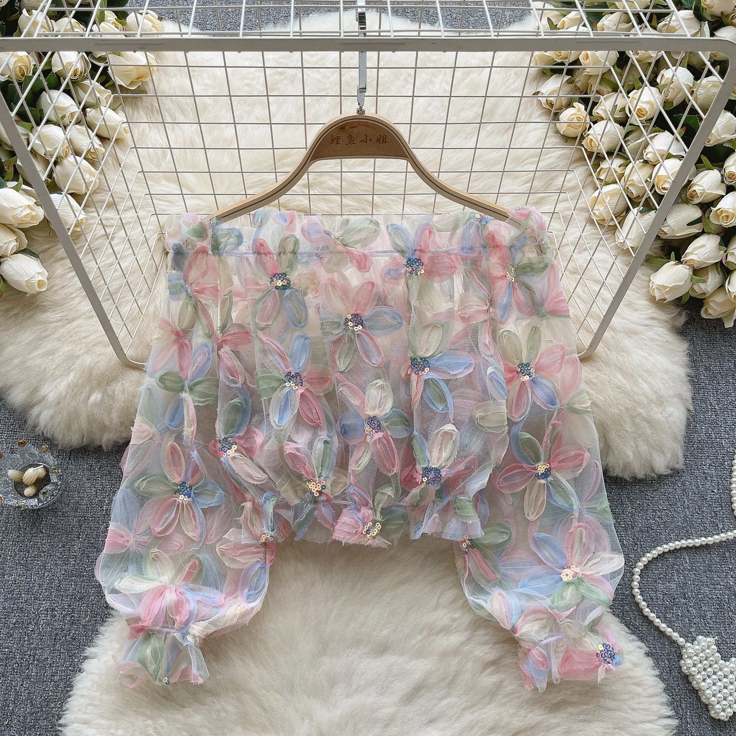 Vintage Floral Slash neck Long Sleeve mesh shirt Casual Slim Sexy Women Streetwear Fashion Crop Top