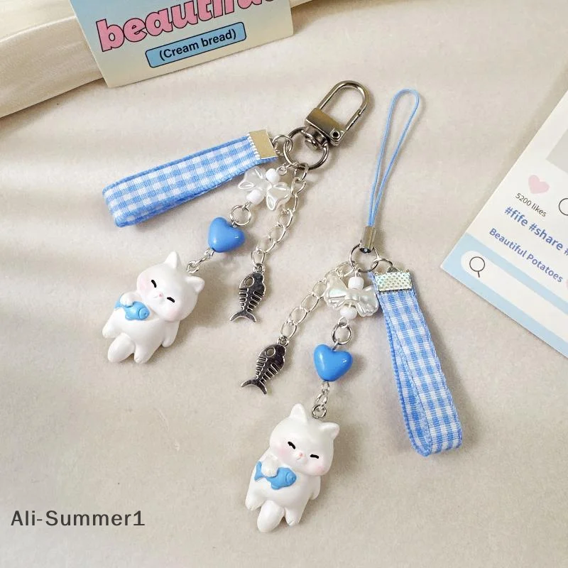 【E】Cute Cartoon Kitten Holding Fish Keychain Kawaii Mini Cat Mobile Phone Pendant Bag Pendant Charms Backpack Decoration Gifts