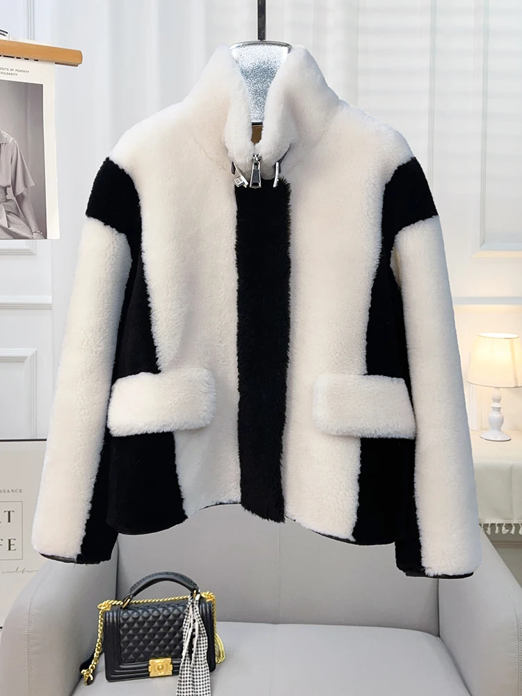 

Fashionable black and white lamb fur integrated fur coat for women's winter short style 2023 autumn/winter sheep cut velvet