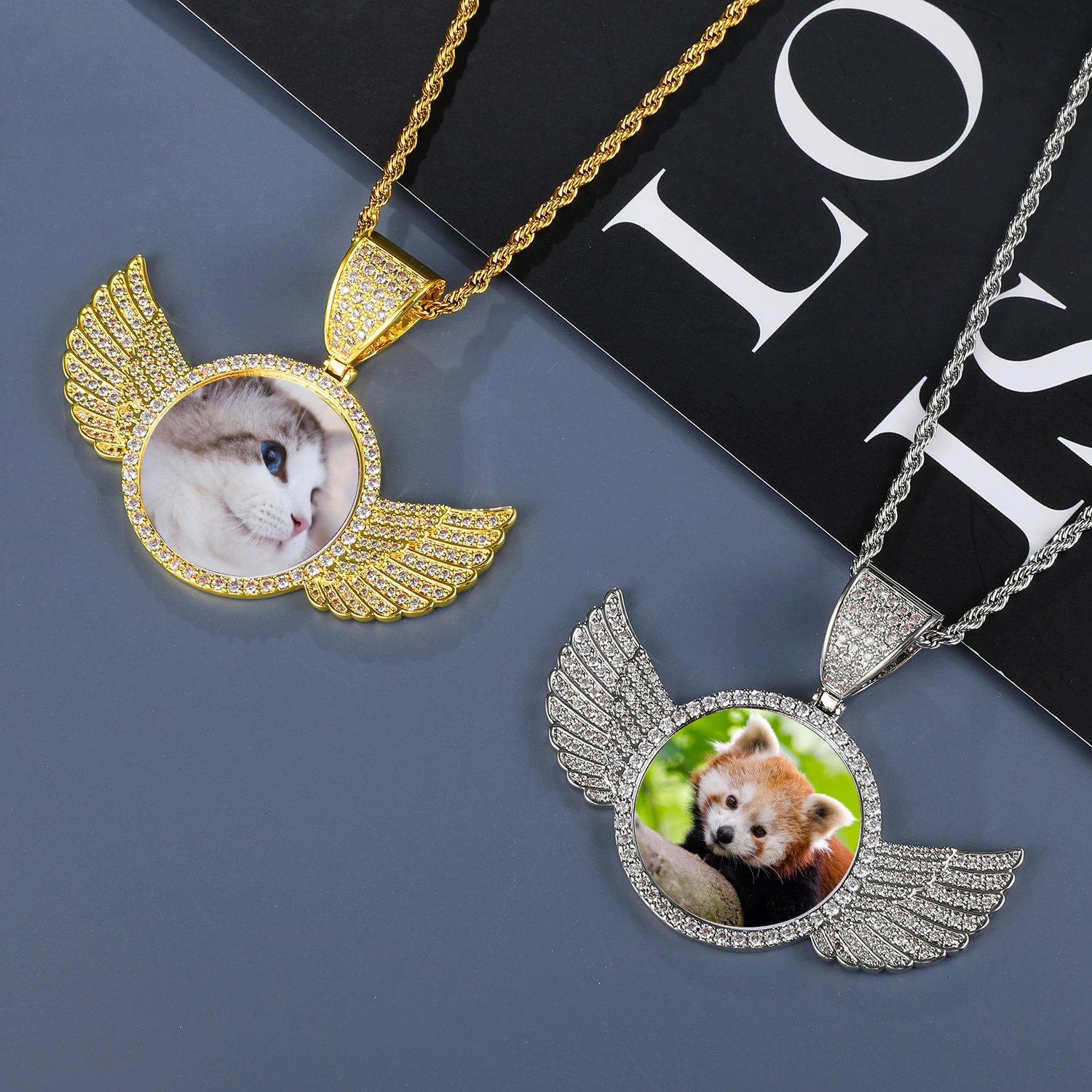 Custom Sublimate Photo Memory Medallions Solid Angel Wings Pendant Necklace Hip Hop Jewelry Cubic Zirconia Chains Wings Necklace