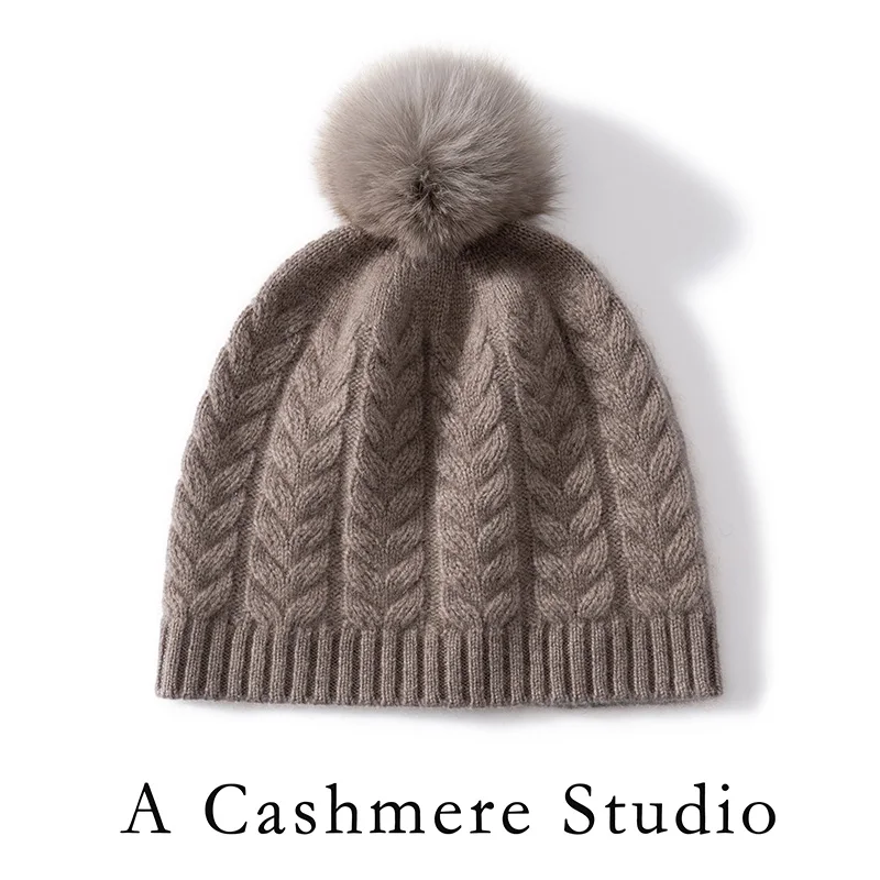 2025 New 100% Real Cashmere Women's Fur Ball Beanie Solid Color Knitted Thick Jacquard Leisure Hat High Quality Winter Soft Hat