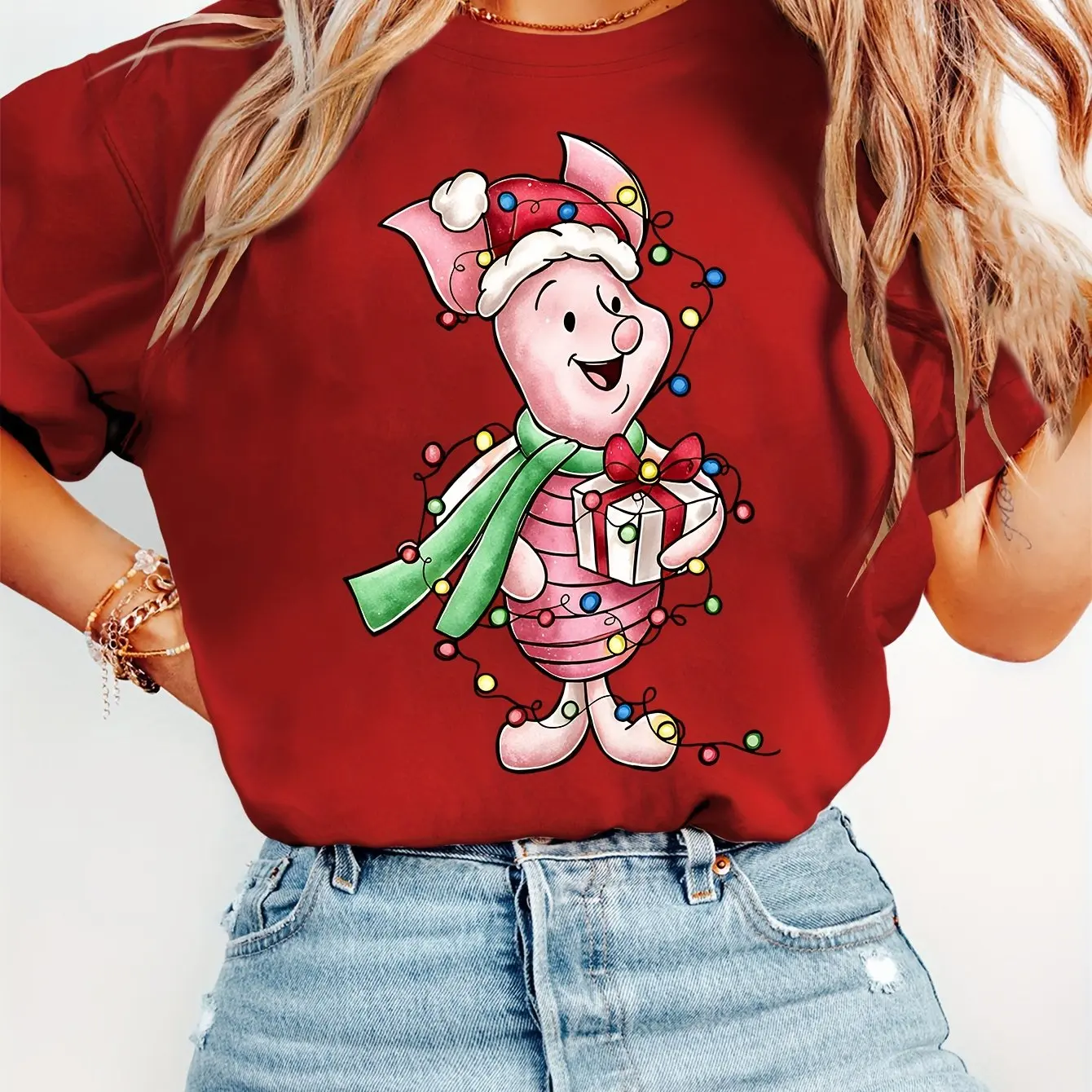 

Disney Piglet Christmas T-Shirt Cotton Women Casual Trendy Oversized Streetwear Loose Short Sleeve Unisex Event Outfit