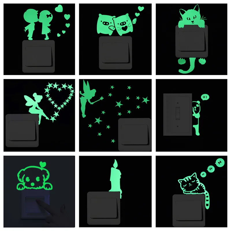 

Cartoon Luminous Switch Sticker Glow in the Dark Wall Stickers Home Decor Kids Room Decoration Sticker Decal Cat Fairy Moon Star