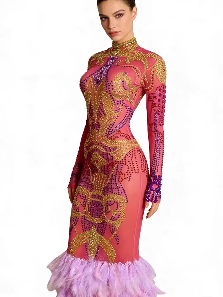 High Quality Hot Stamping Sexy Mesh Fabric Feather Splicing Printed Dress 2026 New Fashionable Custom Women'S Clothing