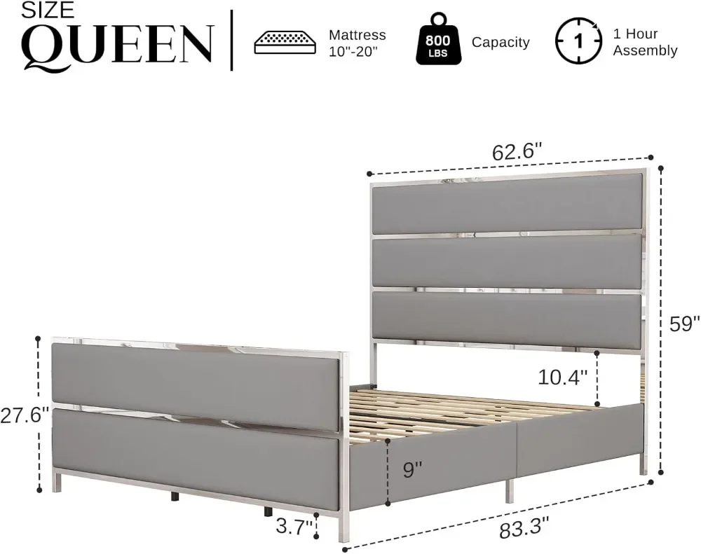 Struttura del letto Queen Size con testiera alta 59 ", letto a piattaforma imbottito in velluto con pedana trapuntata a canale e finiture in argento