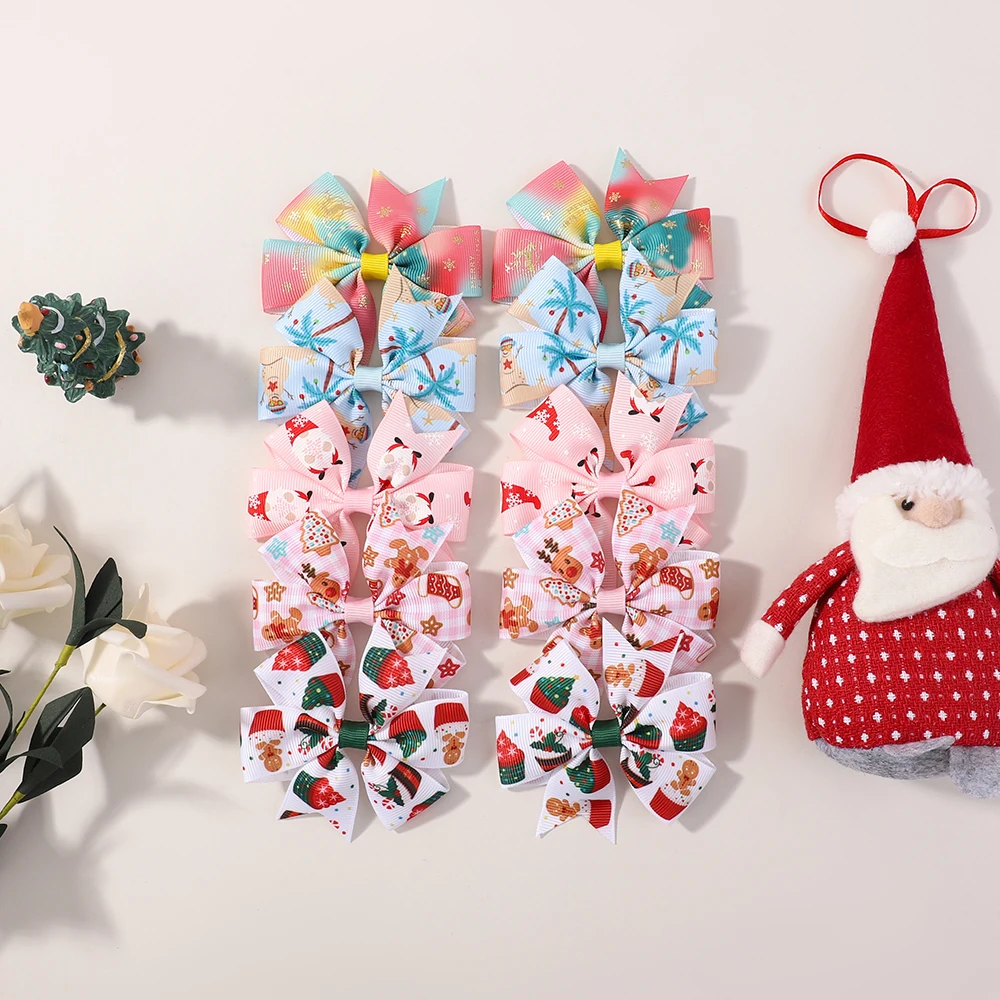 

10Pcs/Set Christmas Hair Bows Clips for Baby Girls Festive Grosgrain Ribbon Santa Snowflake Pinwheel Hairpins Hair Accessories