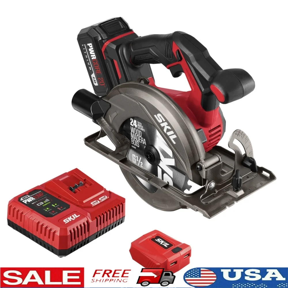 

Беспроводной бесщеточный комплект циркулярной пилы 20 В, 6-1/2 дюйма с литиевой батареей емкостью 4,0 Ач, автоматическое зарядное устройство, быстрая очистка резаков