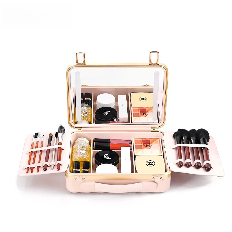

Hot Sale Luxury Customizable LED Mirror Makeup for Beauty Case Open Closure Travel Organizer Candy Pattern Vanity Cosmetics Case