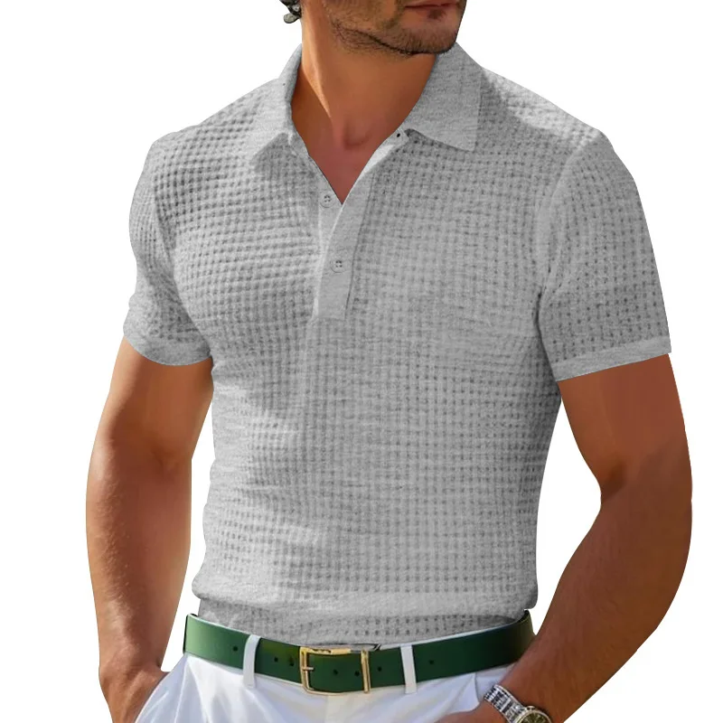 2024 Summer Amazon POLO Shirt Button Waffle Men's T-Shirt Sports Polo Shirt