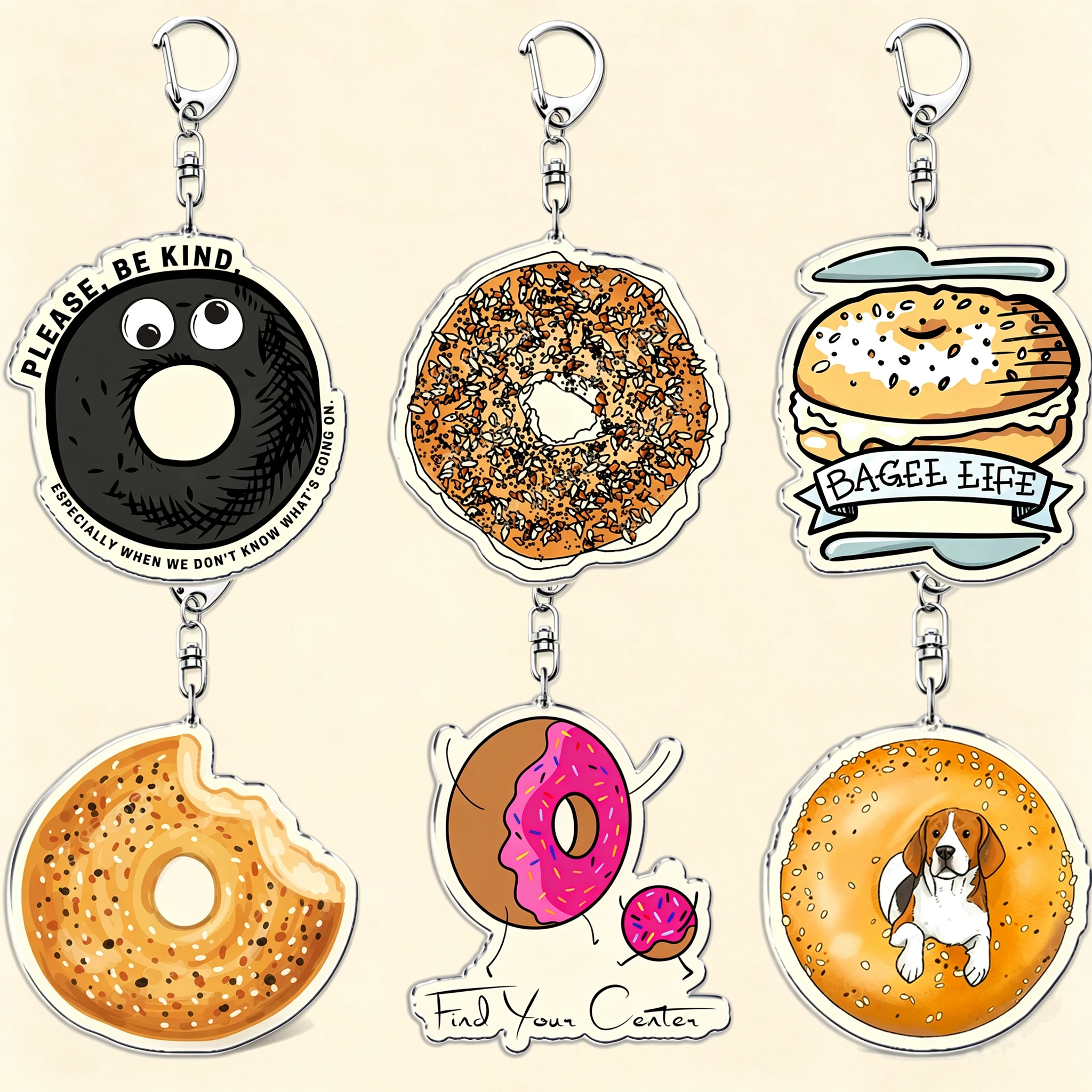 Cartoon Bagel Snack Acrylic Keychain Cute Funny Food Themed Bag Charm Keyring Decorative Backpack Accessory Gift for Food Lovers