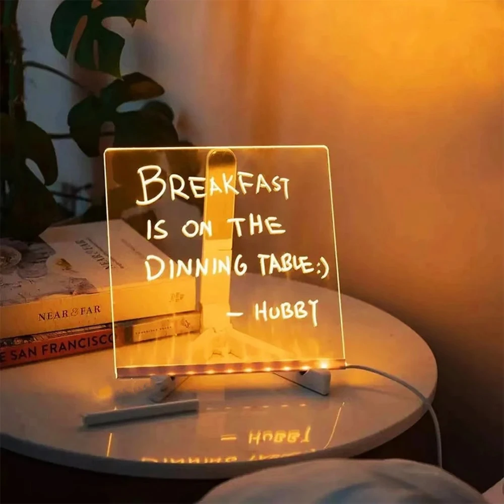 Drawing Diy LED Lamp Transparent Acrylic Message Note Board Engraving Erase Board with Light with 7xPens Painting Scratch