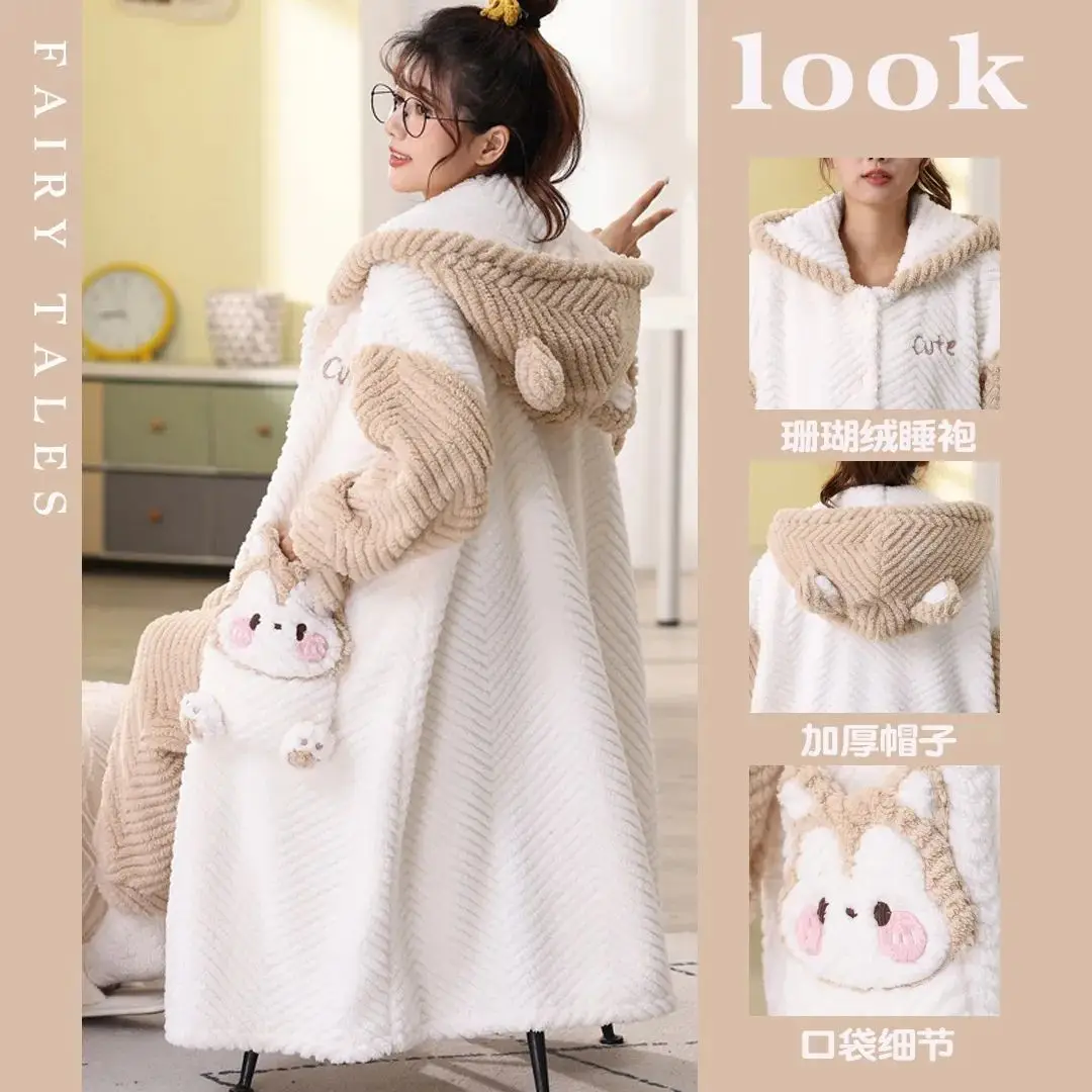 Thicker Warm Sleepwear Winter Women Pajama Hooded Fleece Robe Pajama Sets Flannel Home Clothes Soft Oversized Big Size Pajamas