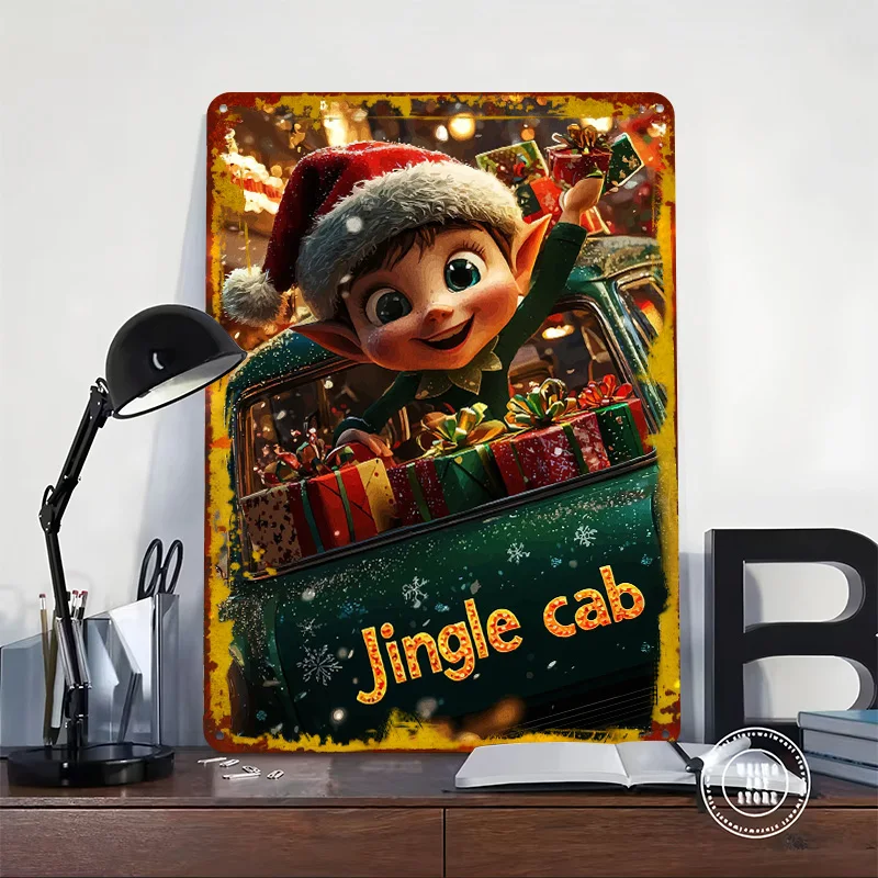 Christmas Elf in Jingle Cab Printed Poster Customized Wall Art Retro Vintage Metal Tin Signs for Living Room Decorations Decor