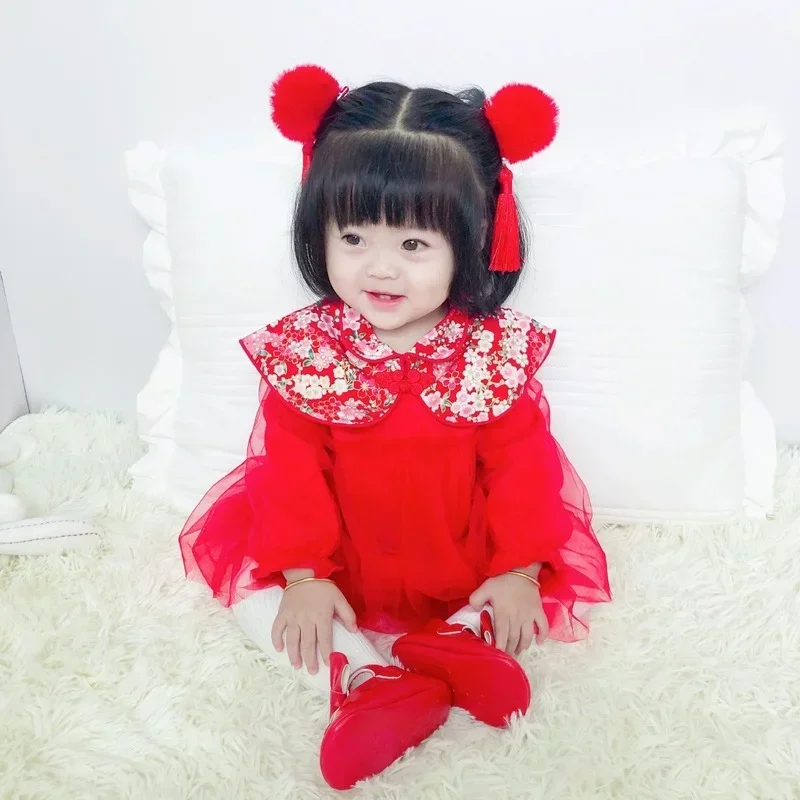 Princess Newborn One-year-old Red Chinese New Year's Dress Baby Girls Cute Cheongsam Dress Oriental Style Hanfu Gauze Skirt