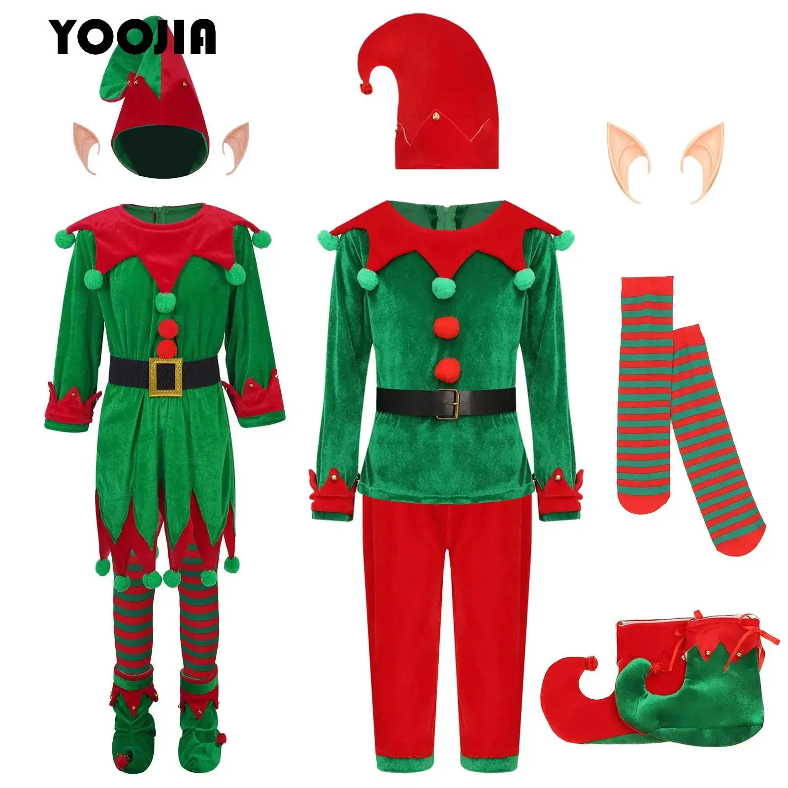 

Boys Girls Christmas Elf Costume 7Pcs Santa Helper Outfit Red Green Soft Velvet New Year Xmas Family Party Fancy Dress Up Suit