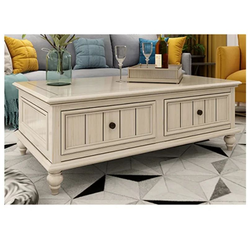 All solid wood coffee table, simple small apartment tea table antique white coffee table TV cabinet