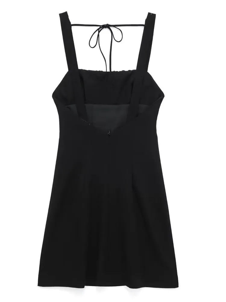 Women's Summer Black Sundress Double-Shouldered Suspender Skirt With Three-Dimensional Pleats On The Front Backless Miniskirt