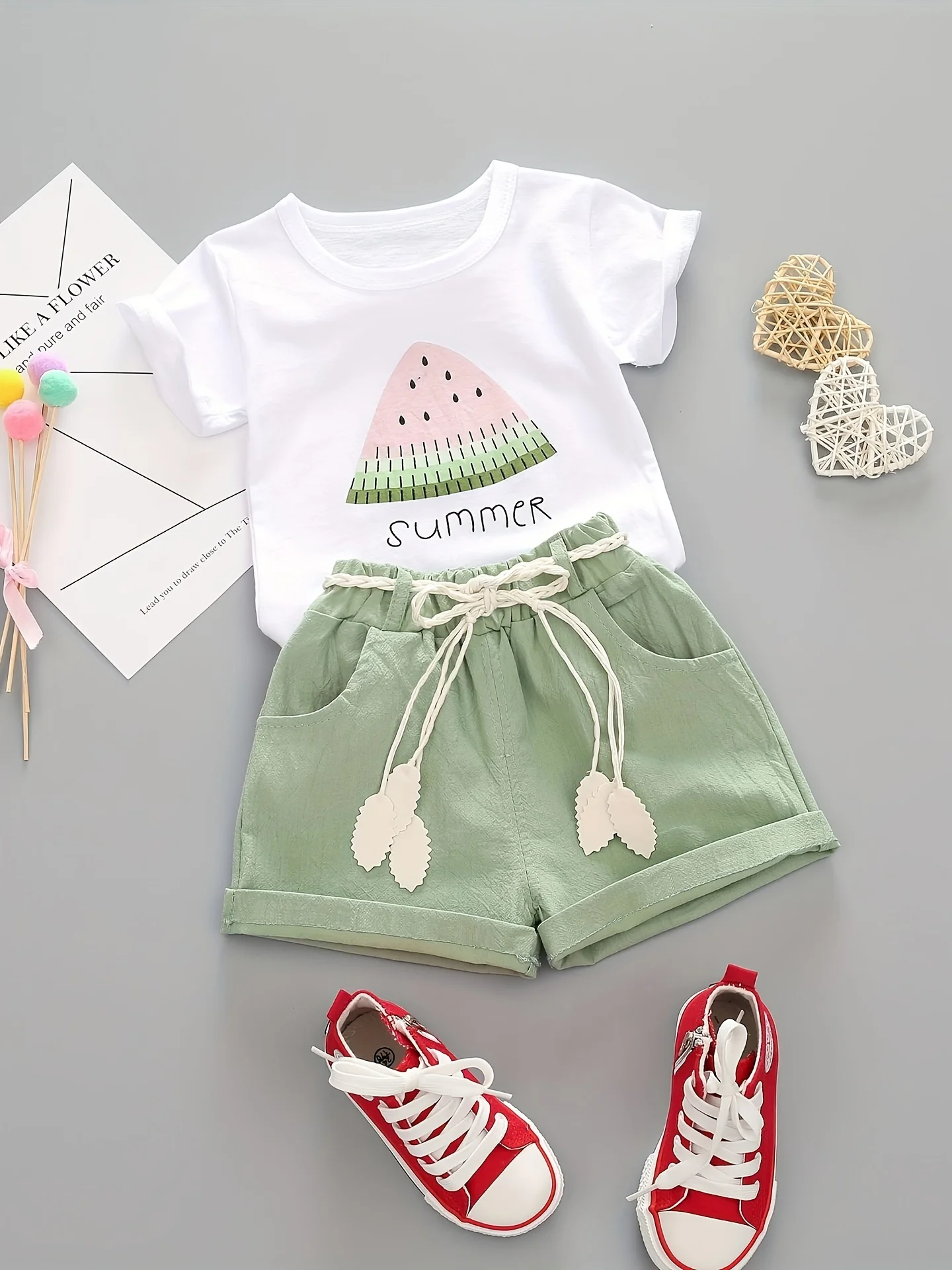 

Girls' Summer New Fashionable and Casual Watermelon Short sleeved Women's Baby Shorts Two piece Set