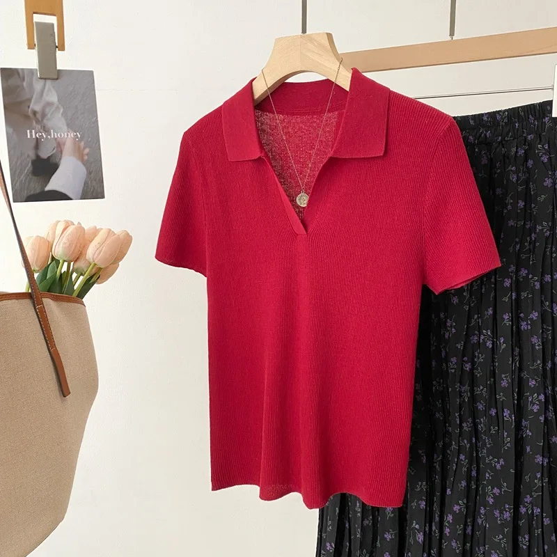 Dave&di 26 Summer New Product High Quality 42 Flax Fine Needle Pit Stripe Texture Slimming Flip Collar Short Sleeve Knitted Swea