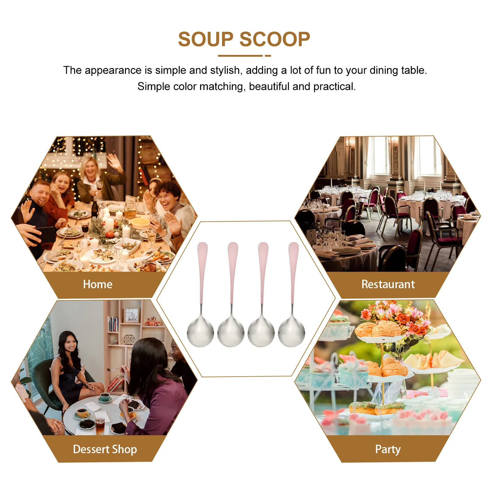 

4Pcs Stainless Steel Soup Spoons Safe Comfortable Multipurpose Kitchen Utensils Reusable Dessert Rice Spoons Household Use